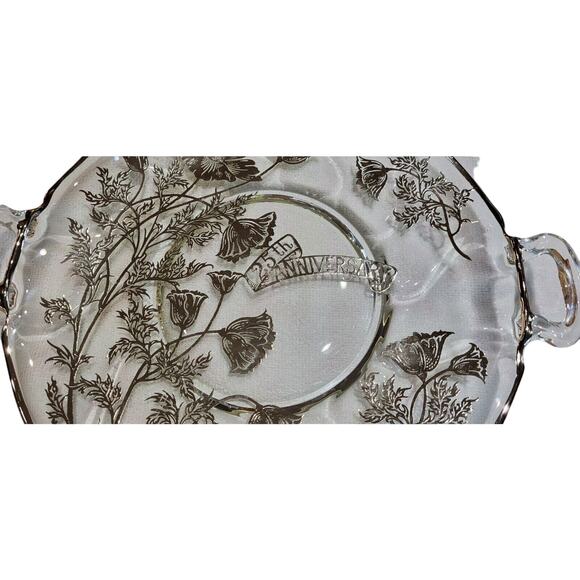 25th Anniversary Platter Handled Plate Silver Overlay Flowers Wedding - Picture 4 of 15